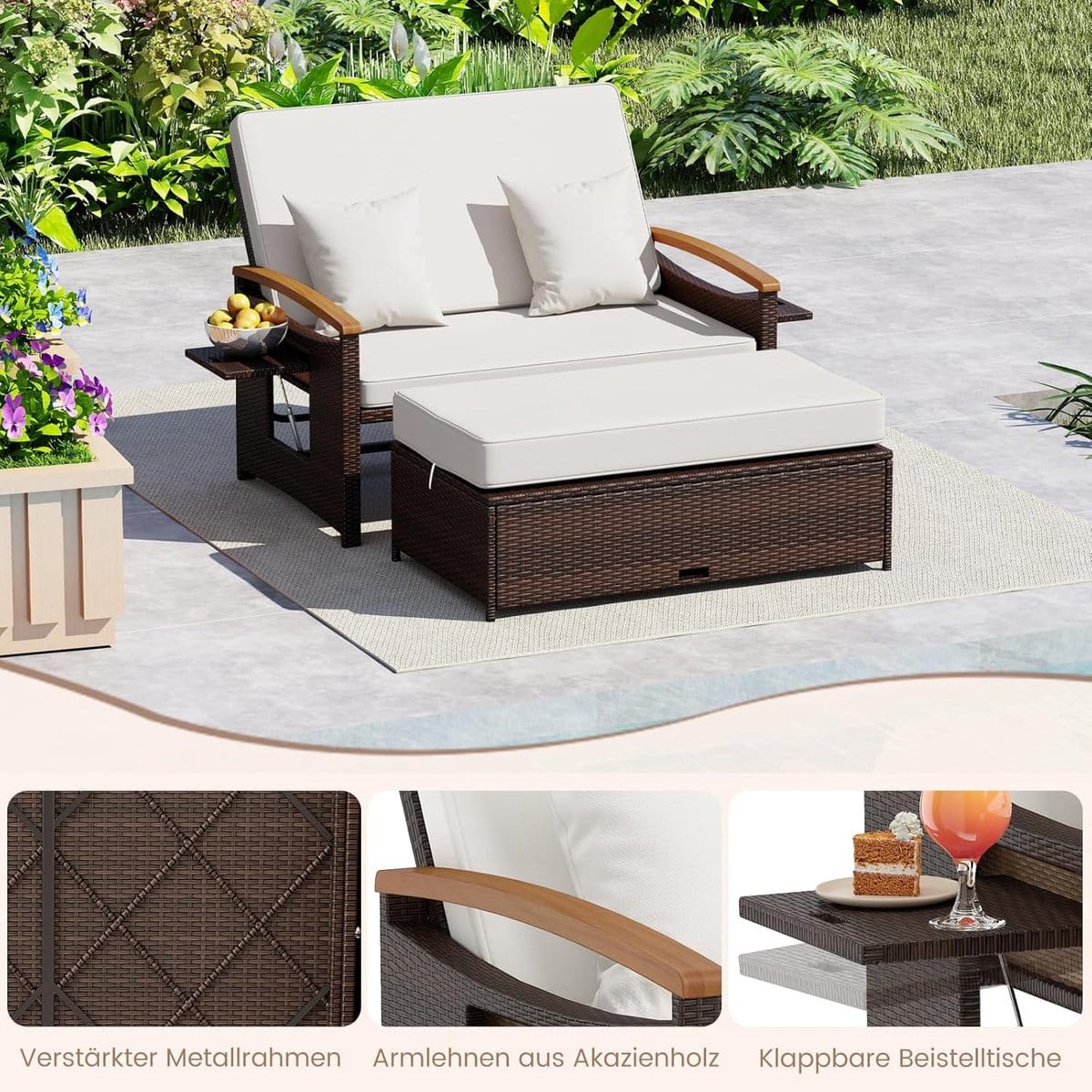 zonnebed 2 persoons 164x166x54,5 cm met verstelbare rugleuning en zijtafels