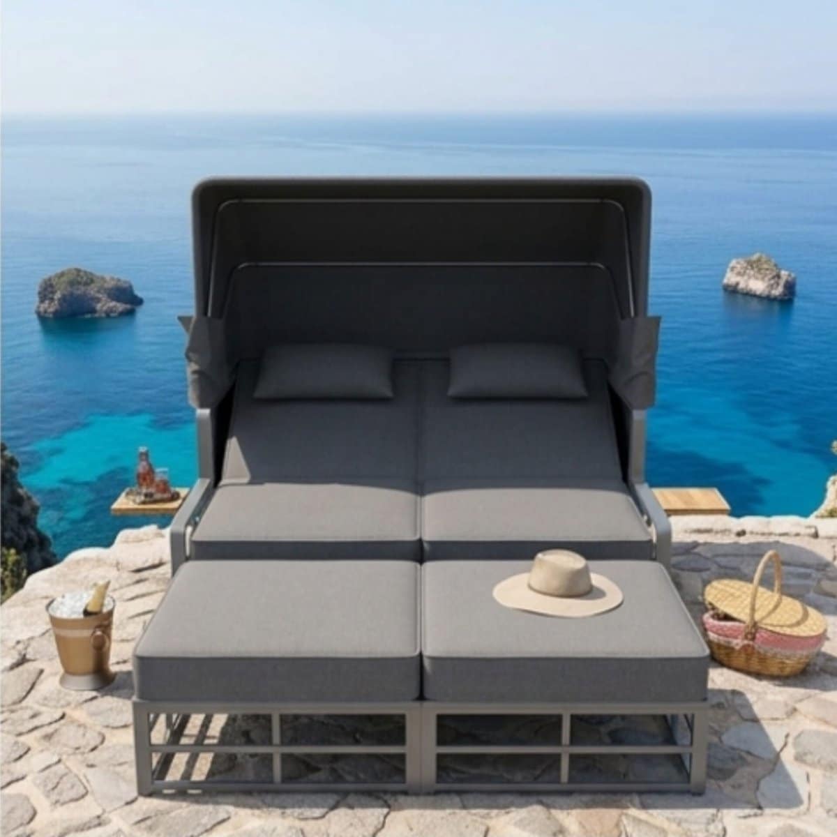 zonneligstoel voor 2 personen met dak 178x130x127 cm