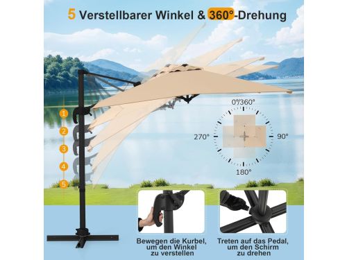 Zweefparasol 250x250 cm Vierkant - 360° Draaibaar & Kantelbaar met
