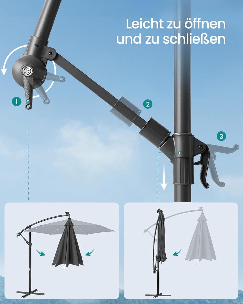 zweefparasol 300 cm met led solar verlichting en standaard