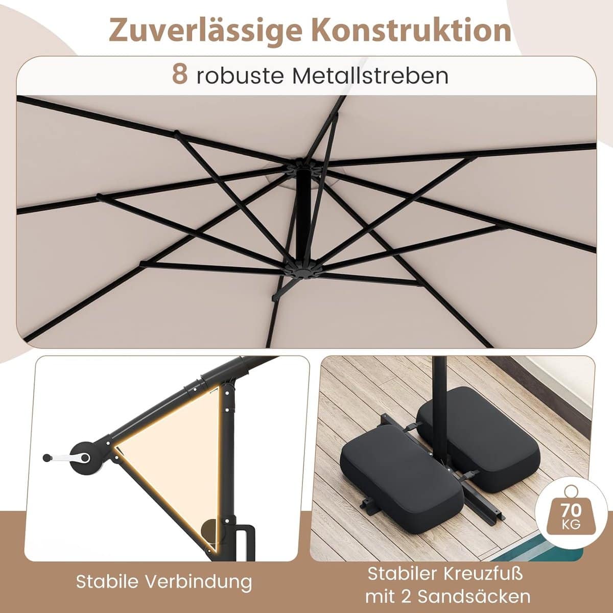 zweefparasol 300 cm met led verlichting, 360° draaibaar & kantelbaar
