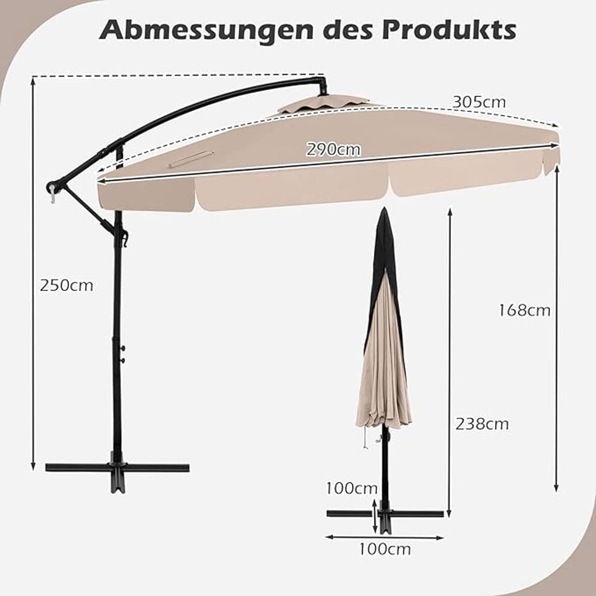 zweefparasol 300×250 cm hangparasol met kantelbare 0 35° verstelling