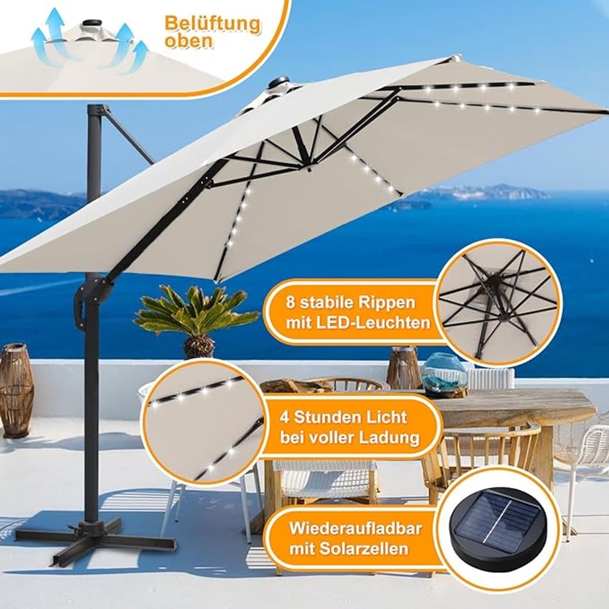 zweefparasol 300×300 cm 360° draaibaar met voetpedaal & 4
