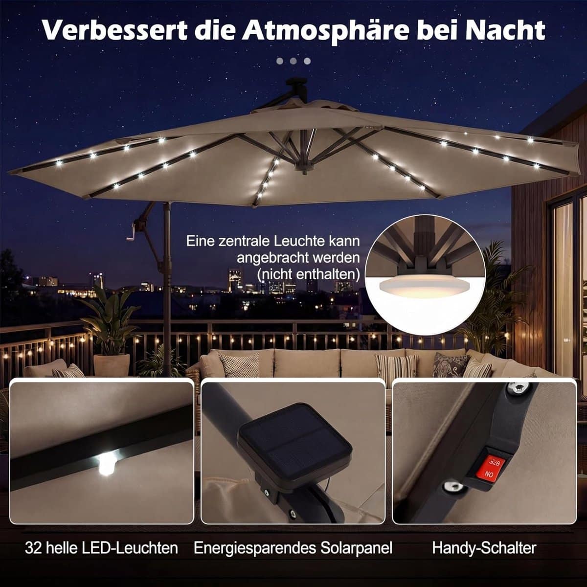 zweefparasol 300×300 cm met led verlichting, 360° draaibaar