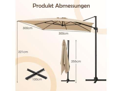 Zweefparasol 300x300 cm Vierkant - 360° Draaibaar & Kantelbaar