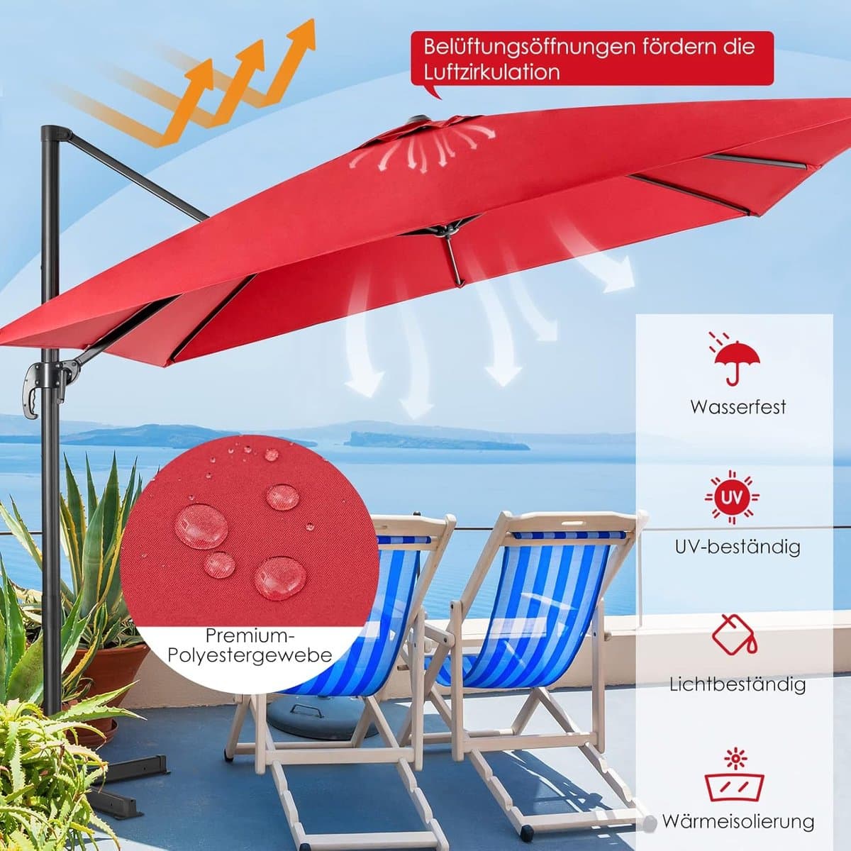 zweefparasol 300×300 cm vierkant 360° draaibaar & kantelbaar met