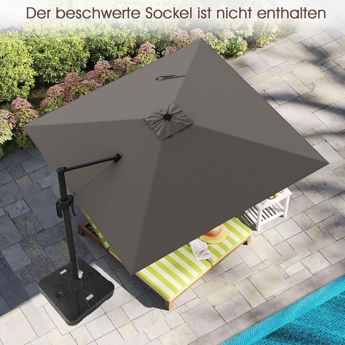 zweefparasol 300×300 cm vierkant 360° draaibaar & kantelbaar met