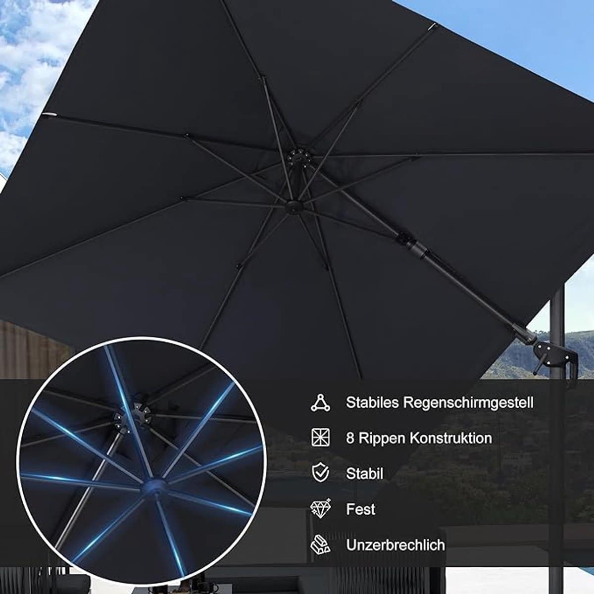 zweefparasol 300×300 cm vierkant 360° draaibaar & kantelbaar