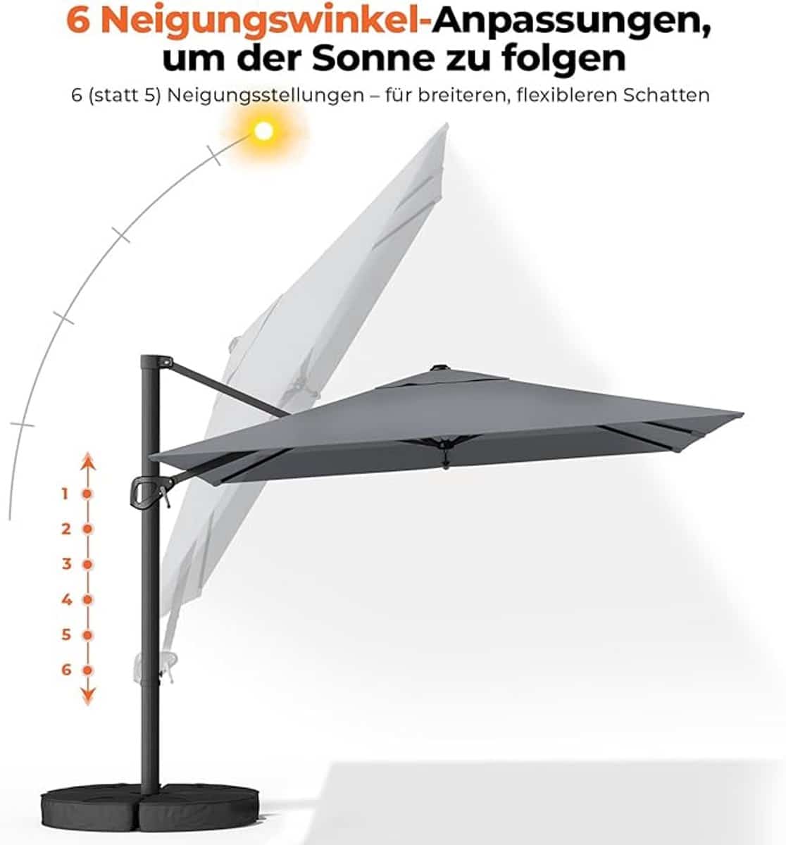 zweefparasol 300×300 cm vierkant 360° draaibaar, kantelbaar, inclusief zandvoet