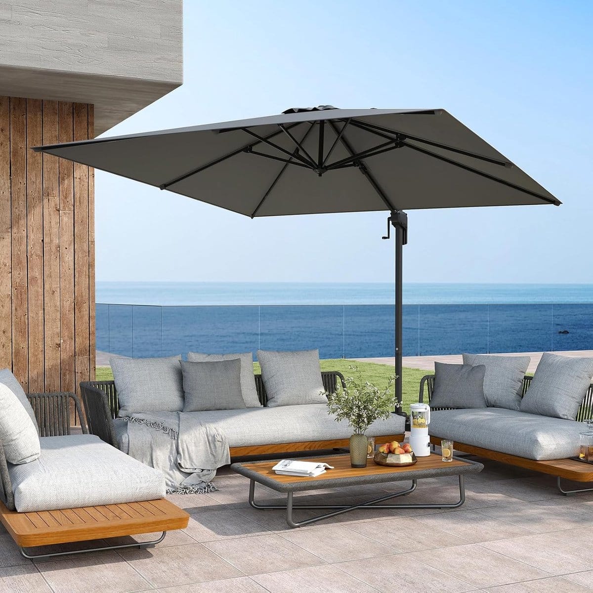 zweefparasol 300×300 cm vierkant 360° draaibaar, kantelbaar met 5