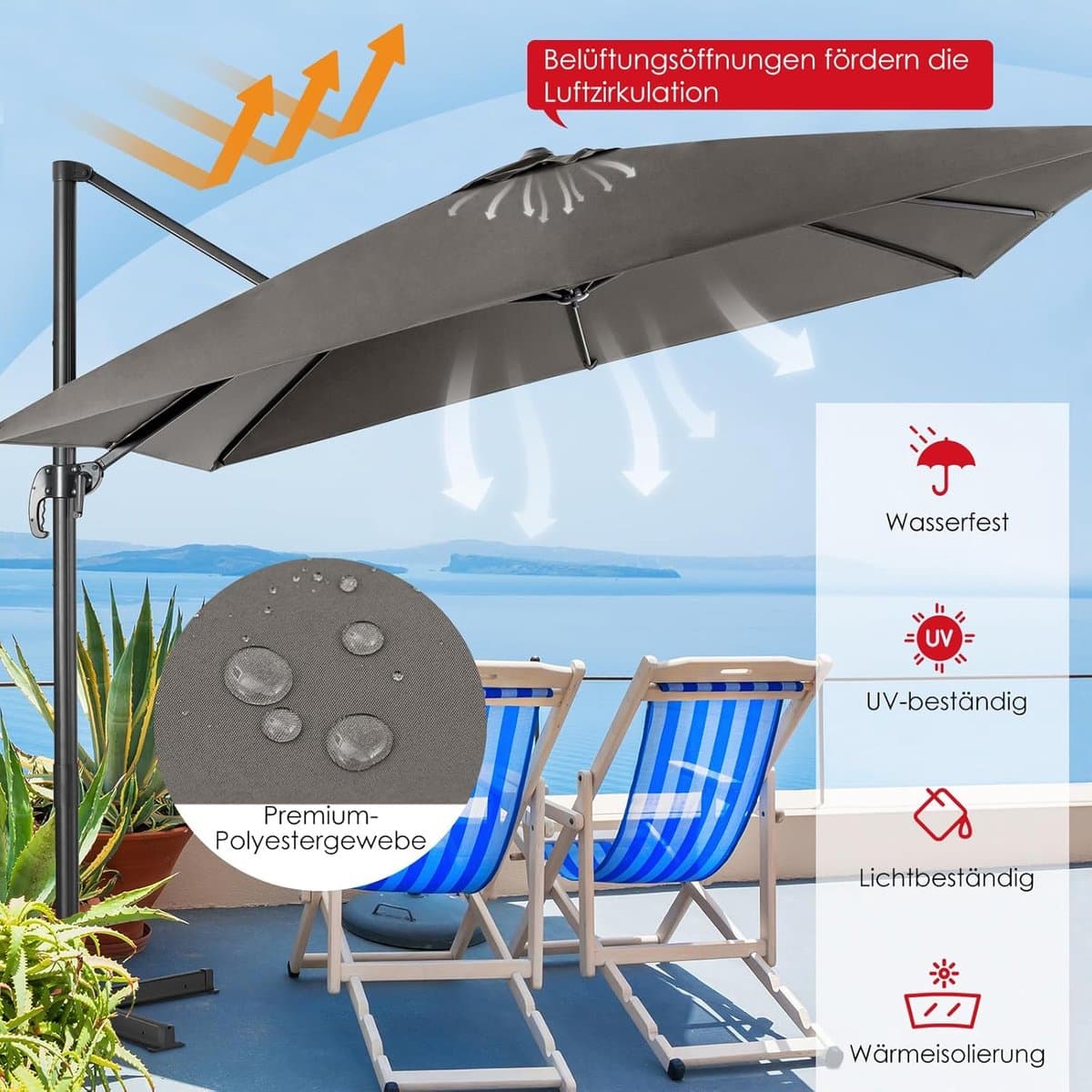 zweefparasol 300×300 cm vierkant 360° draaibaar kantelbaar met zwenkel