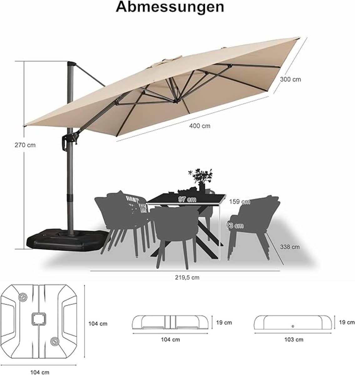 zweefparasol 400×300 cm rechthoekig beige hoogwaardig aluminium terrasparasol met