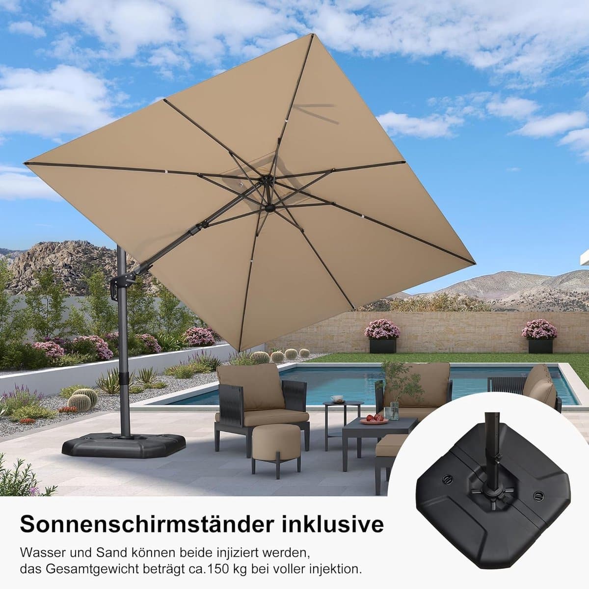 zweefparasol kantelbaar 360 cm x 270 cm met standaard