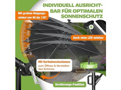 Zweefparasol met LED & Solar 300x300 cm - 360° Draaibaar