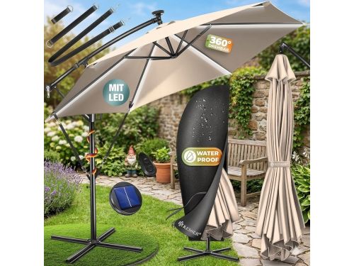 Zweefparasol met LED Solar 300x300 cm - 360° Draaibaar