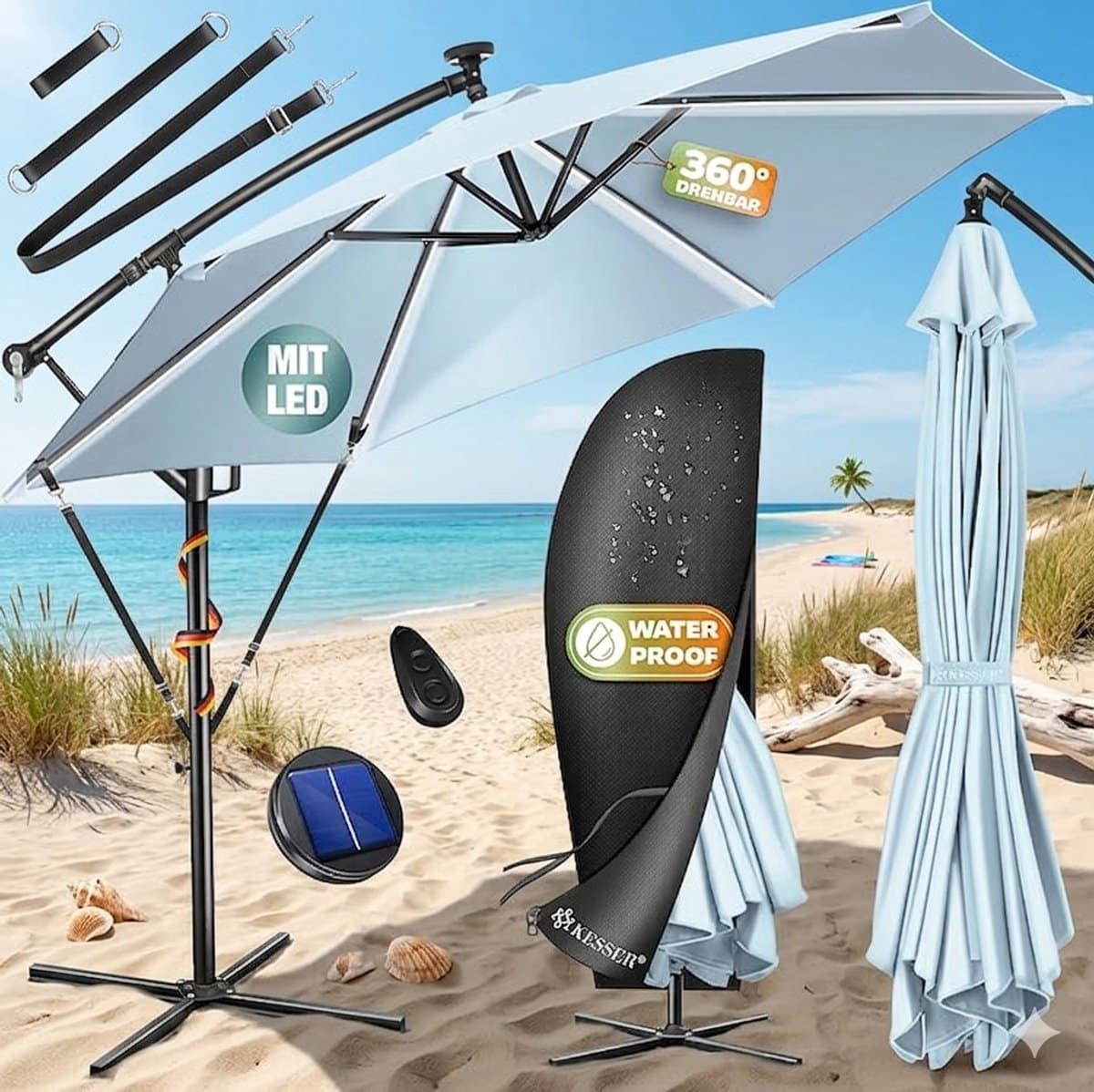 zweefparasol met led solar 300×300 cm 360° draaibaar