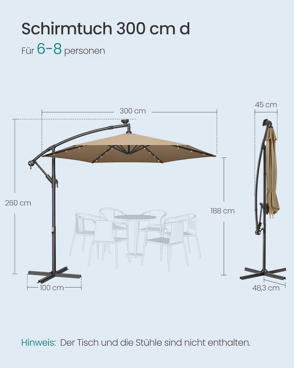 zweefparasol met led verlichting op zonne energie depauwonen 300 cm