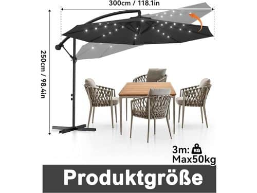 Zweefparasol met LED Verlichting op Zonne-energie Ø300 cm