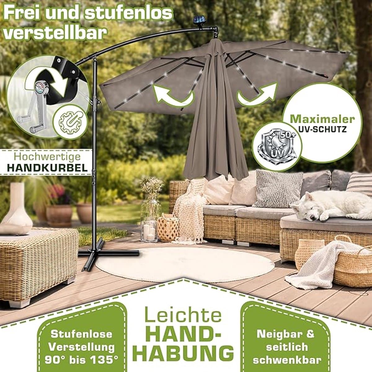 zweefparasol Ø 300 cm met led verlichting & zonnepaneel