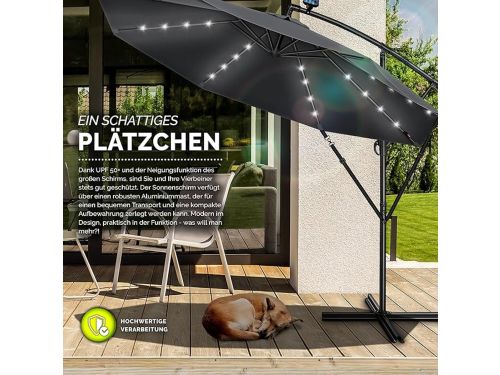 Zweefparasol Ø 350 cm met LED Verlichting en Solar Paneel