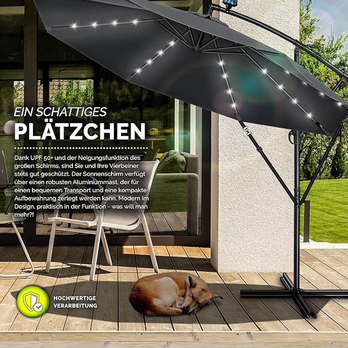 zweefparasol Ø 350 cm met led verlichting en solar paneel