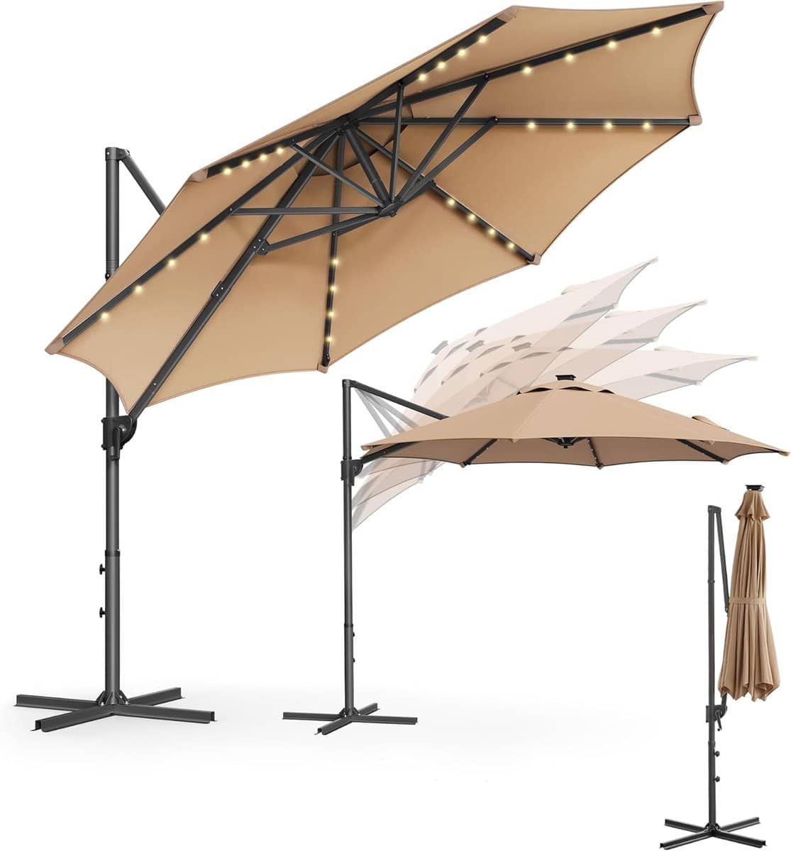 zweefparasol Ø300 cm met led verlichting & zonnepaneel