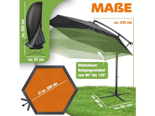 Zweefparasol Ø300 cm zeshoekig met zwengel en 360° draaifunctie