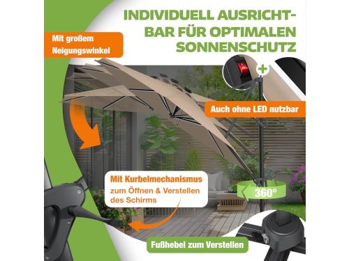 Zweefparasol Taupe Rond met 360° Rotatie & Kantelbare Aluminium Mast