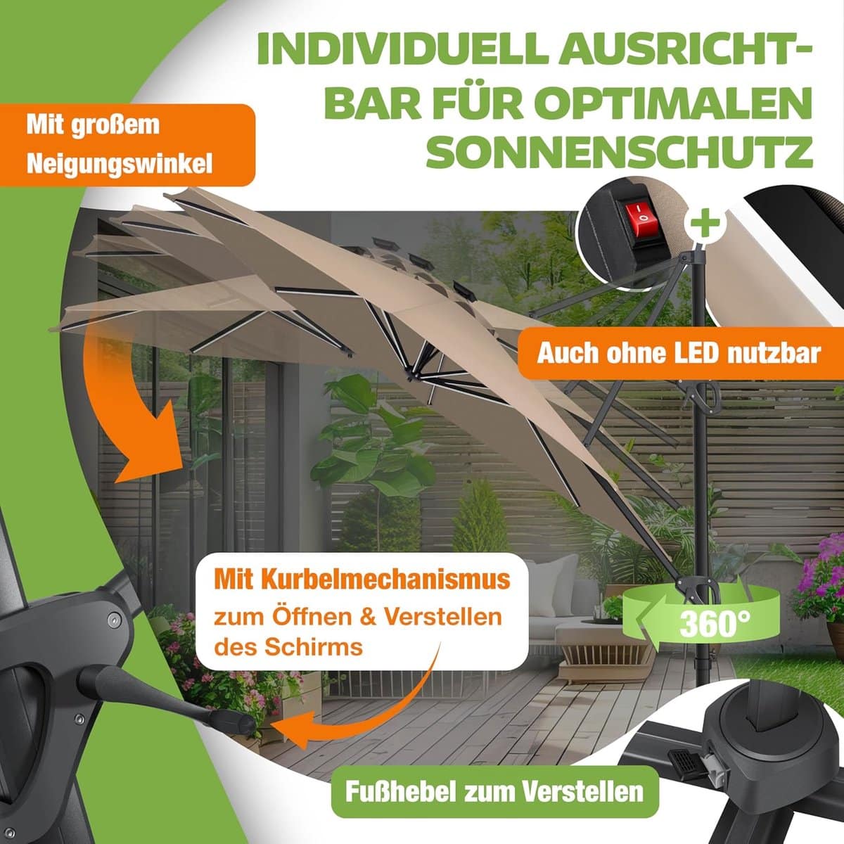 zweefparasol taupe rond met 360° rotatie & kantelbare aluminium mast