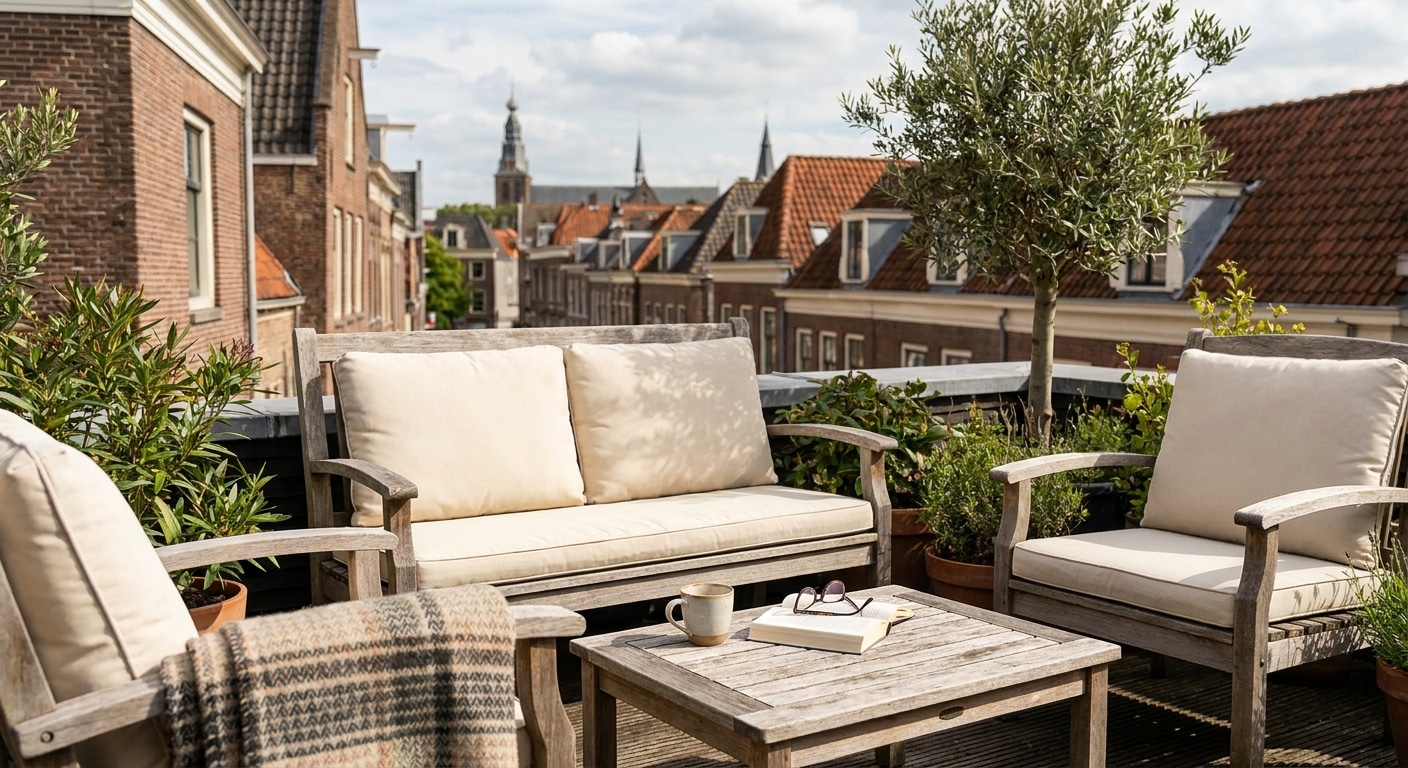 Gezellig dakterras met houten tuinmeubelen en stadszicht