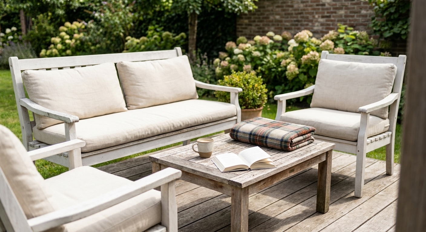 Houten tuinset met kussens en salontafel