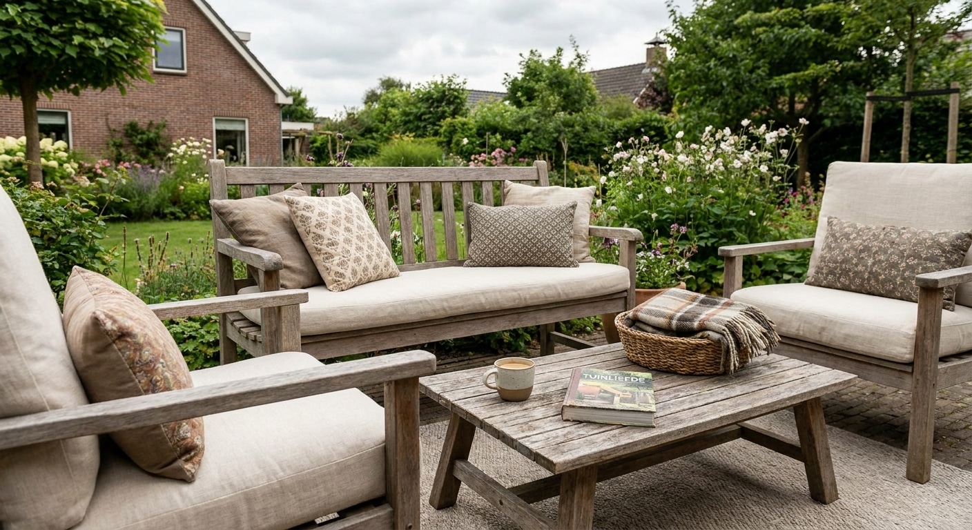 Houten loungeset in groene tuin met kussens