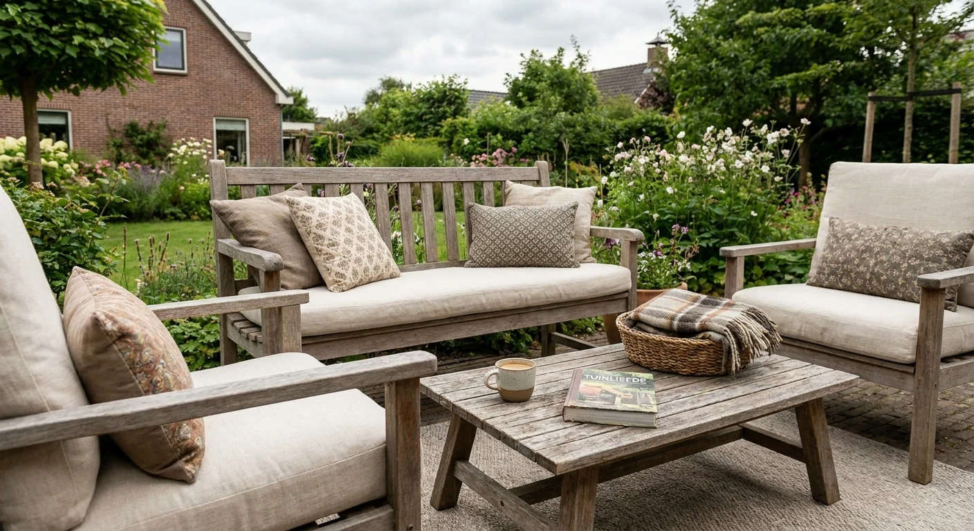 Houten loungeset in groene tuin met kussens