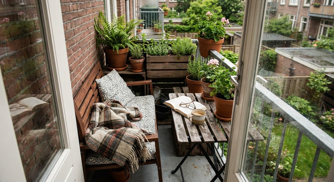 Gezellig balkon met planten en houten zitbank
