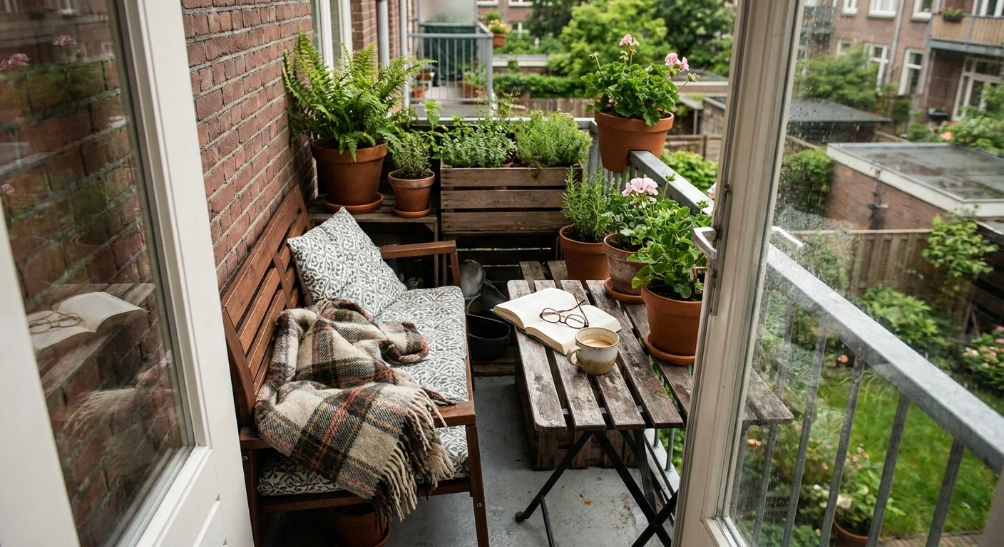Gezellig balkon met planten en houten zitbank