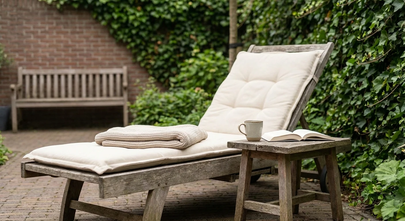 Houten ligstoel met kussen in groene tuin