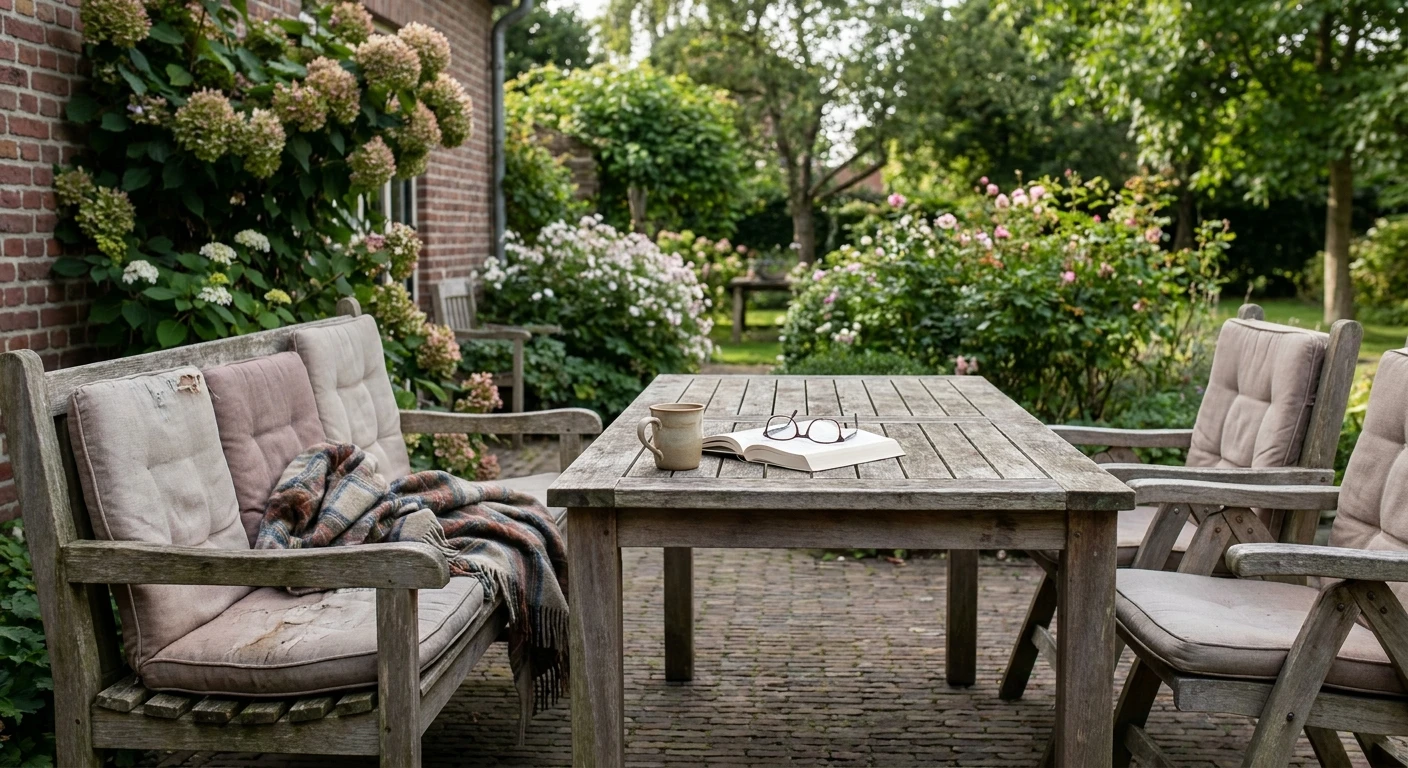 Houten tuintafel met boek en koffie in bloementuin