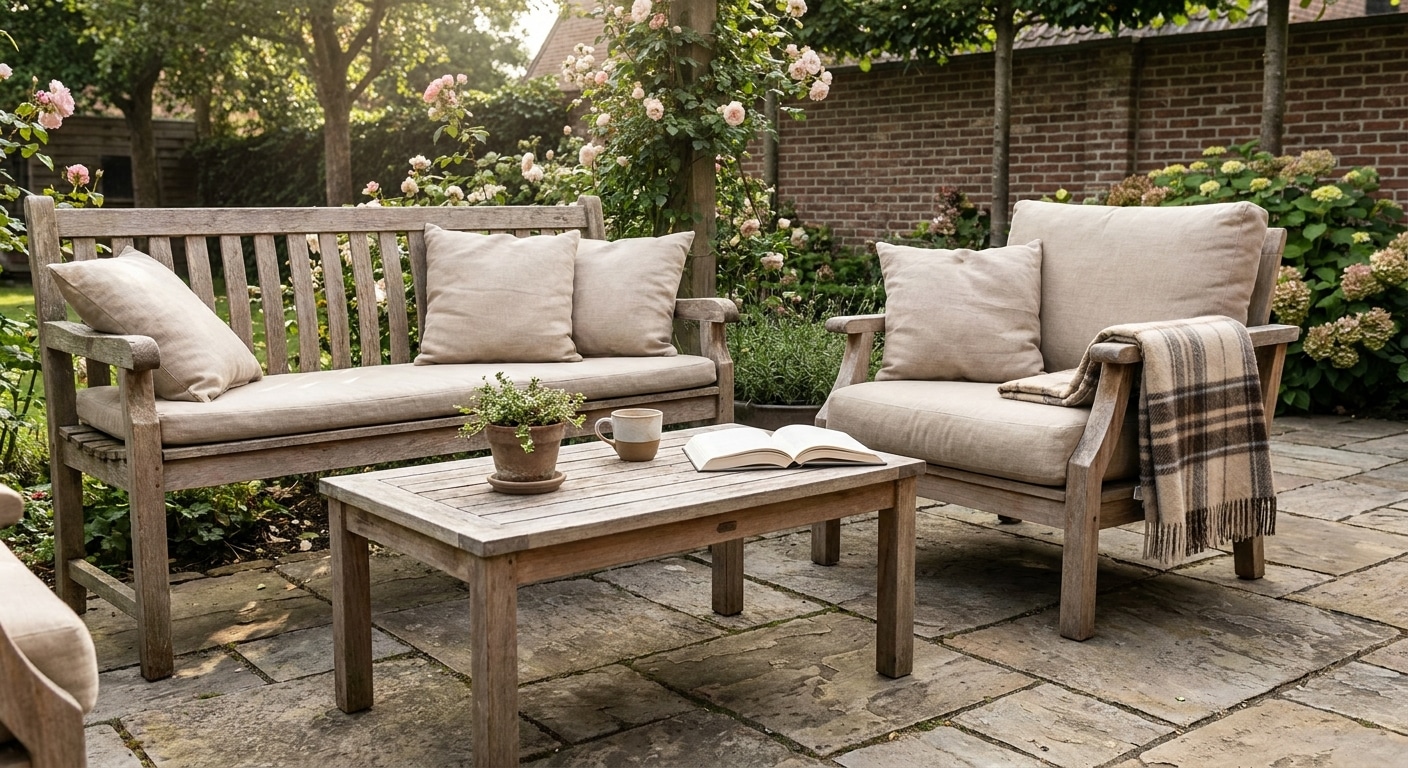 Gezellige tuinset met houten bank en fauteuil