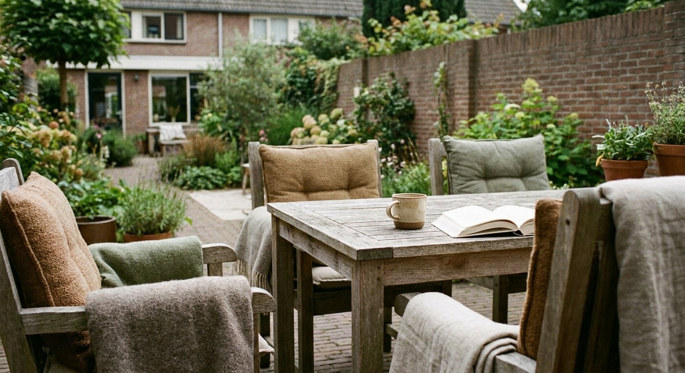 Gezellige tuin met houten tafel en stoelen