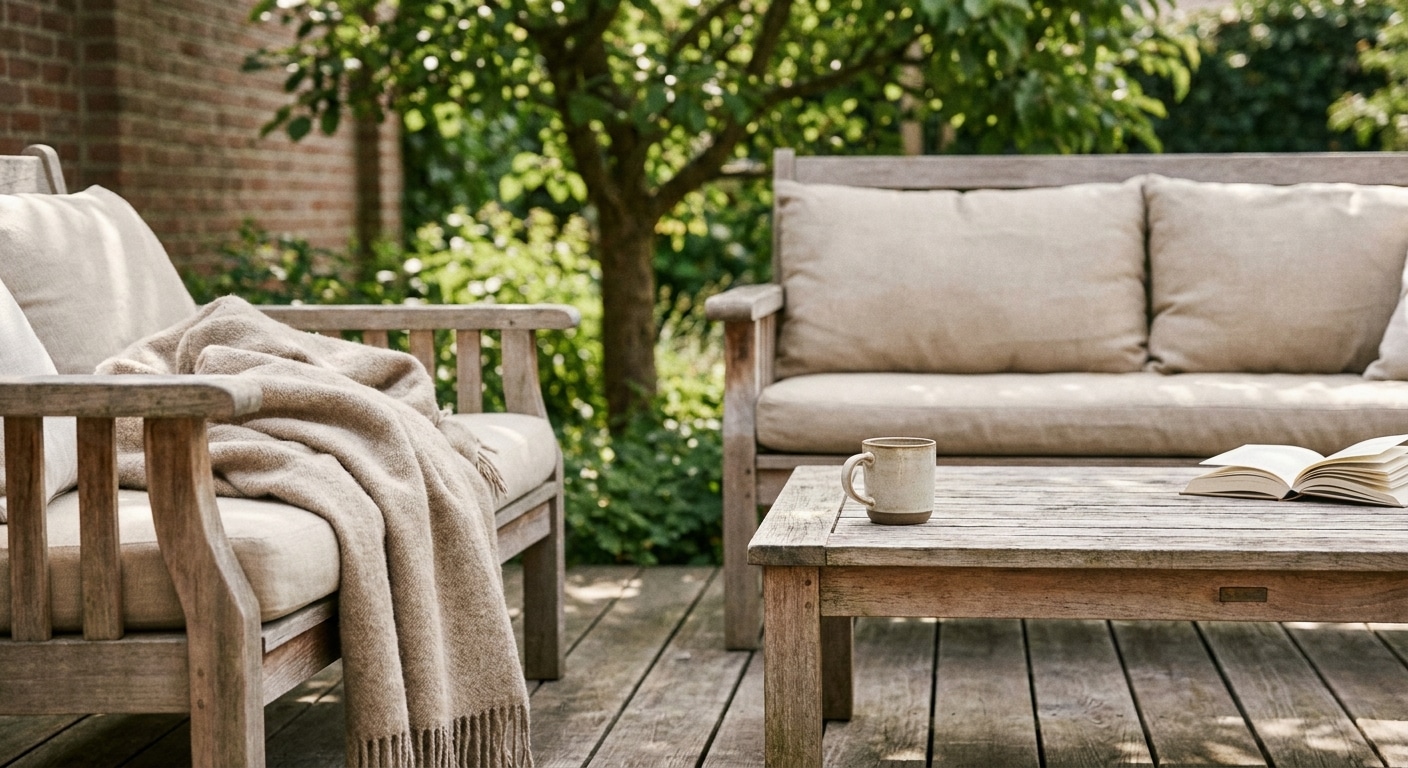 Houten loungeset in groene tuin met koffiekop