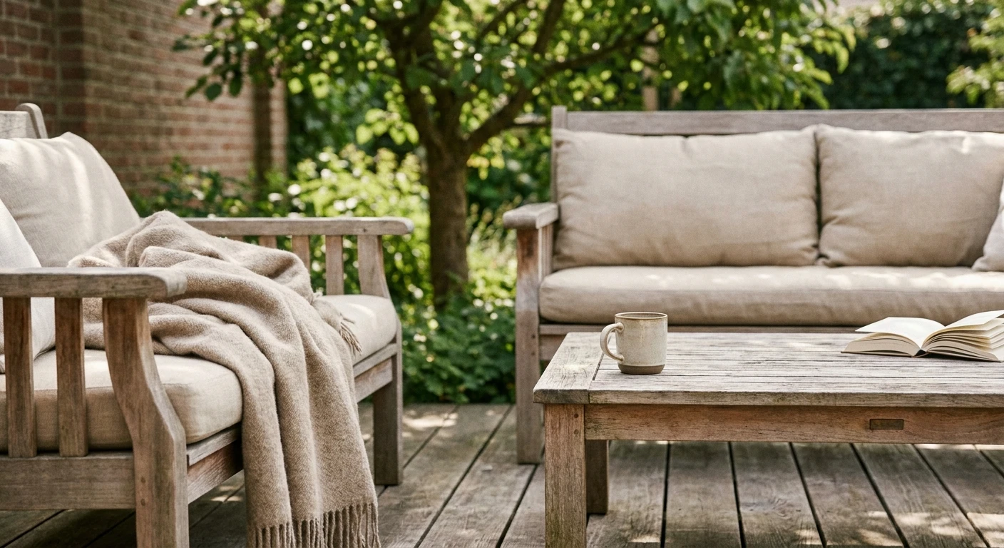 Houten loungeset in groene tuin met koffiekop