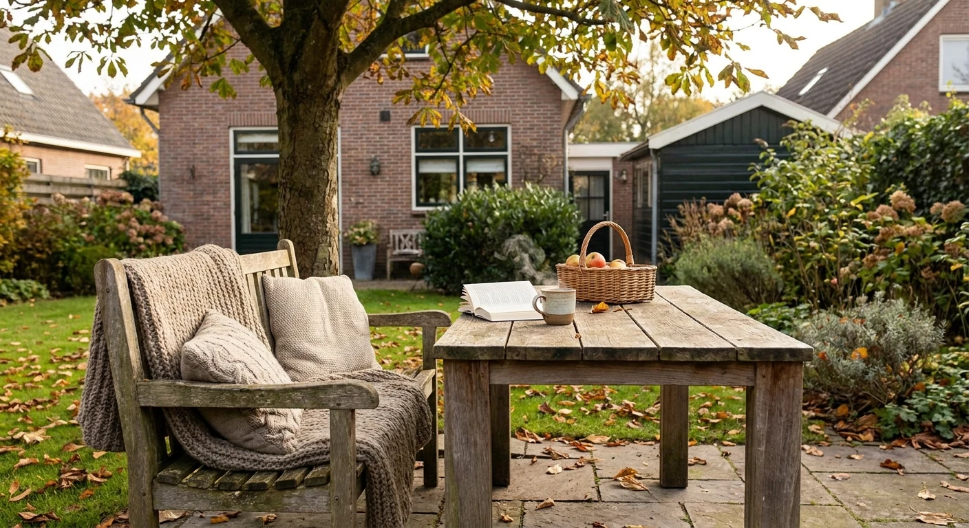 Gezellige herfsttuin met houten tafel en bank