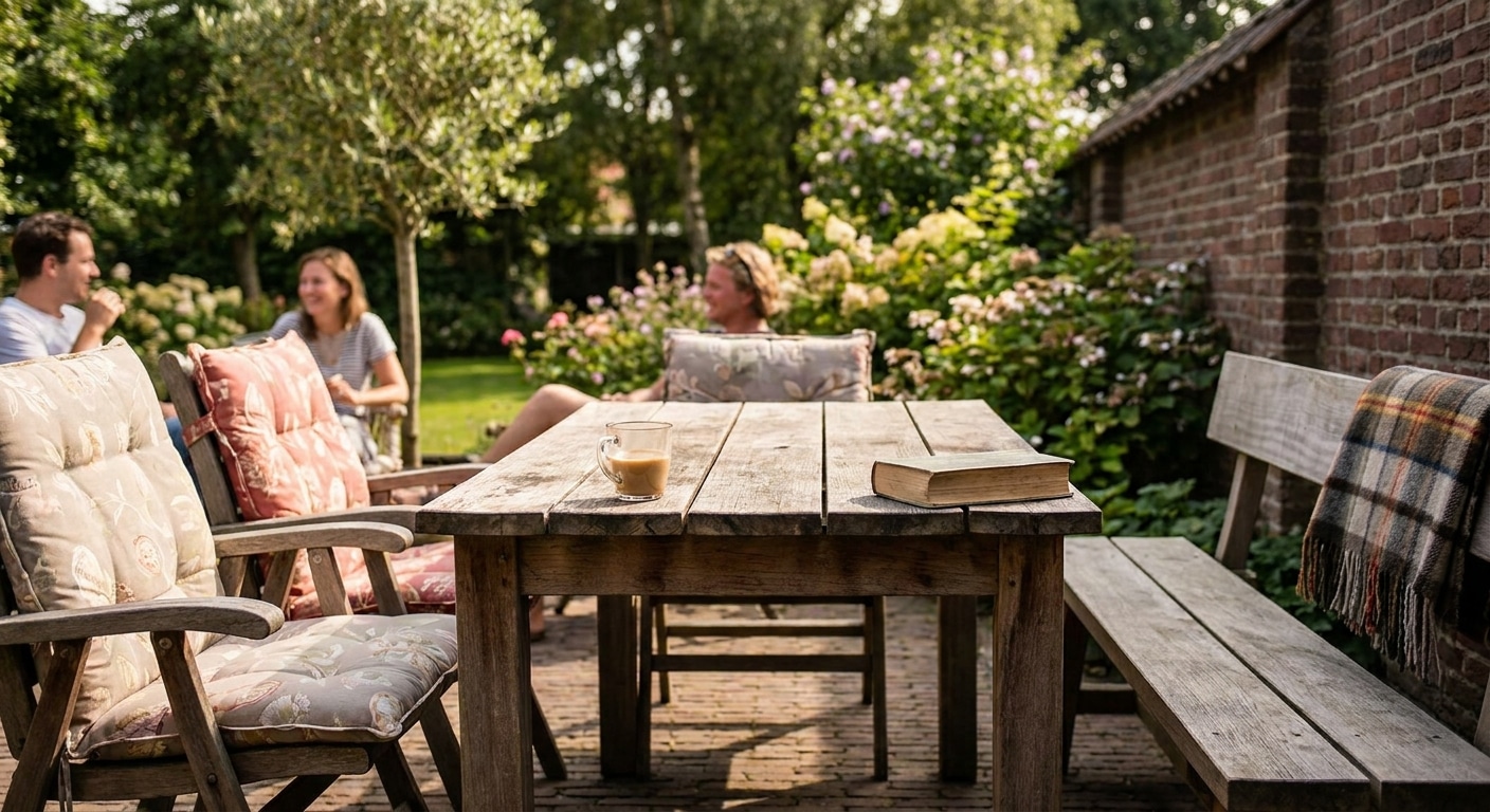 Gezellige tuin met houten tafel en koffie