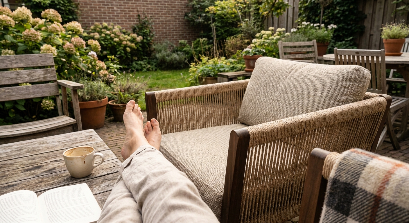 Ontspannen in tuin met koffie en boek