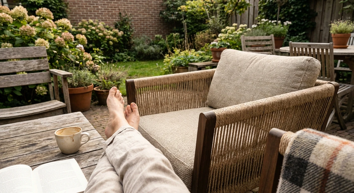 Ontspannen in tuin met koffie en boek