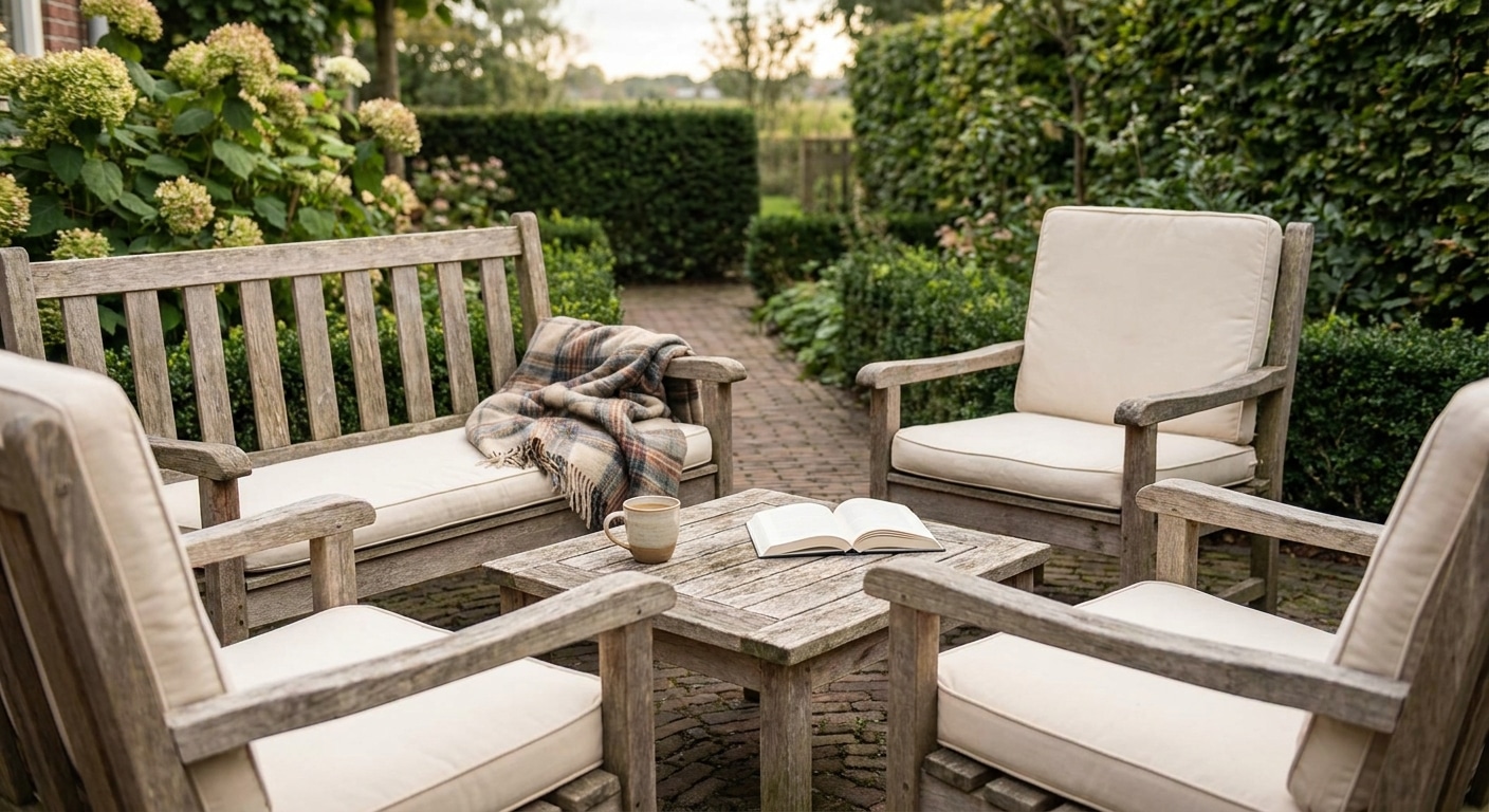 Houten tuinset met kussens, boek en mok