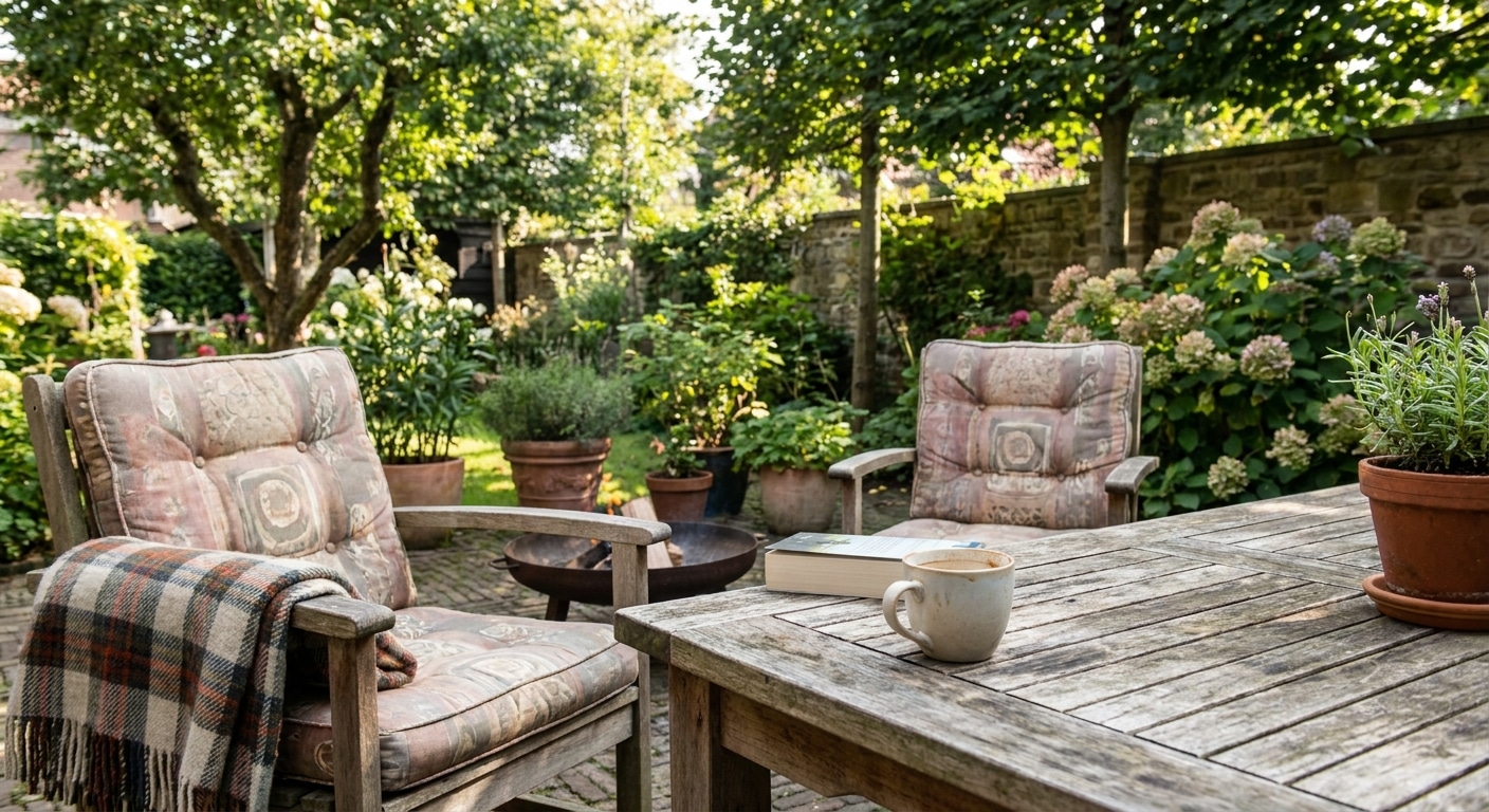 Gezellige tuin met houten tafel en stoelen