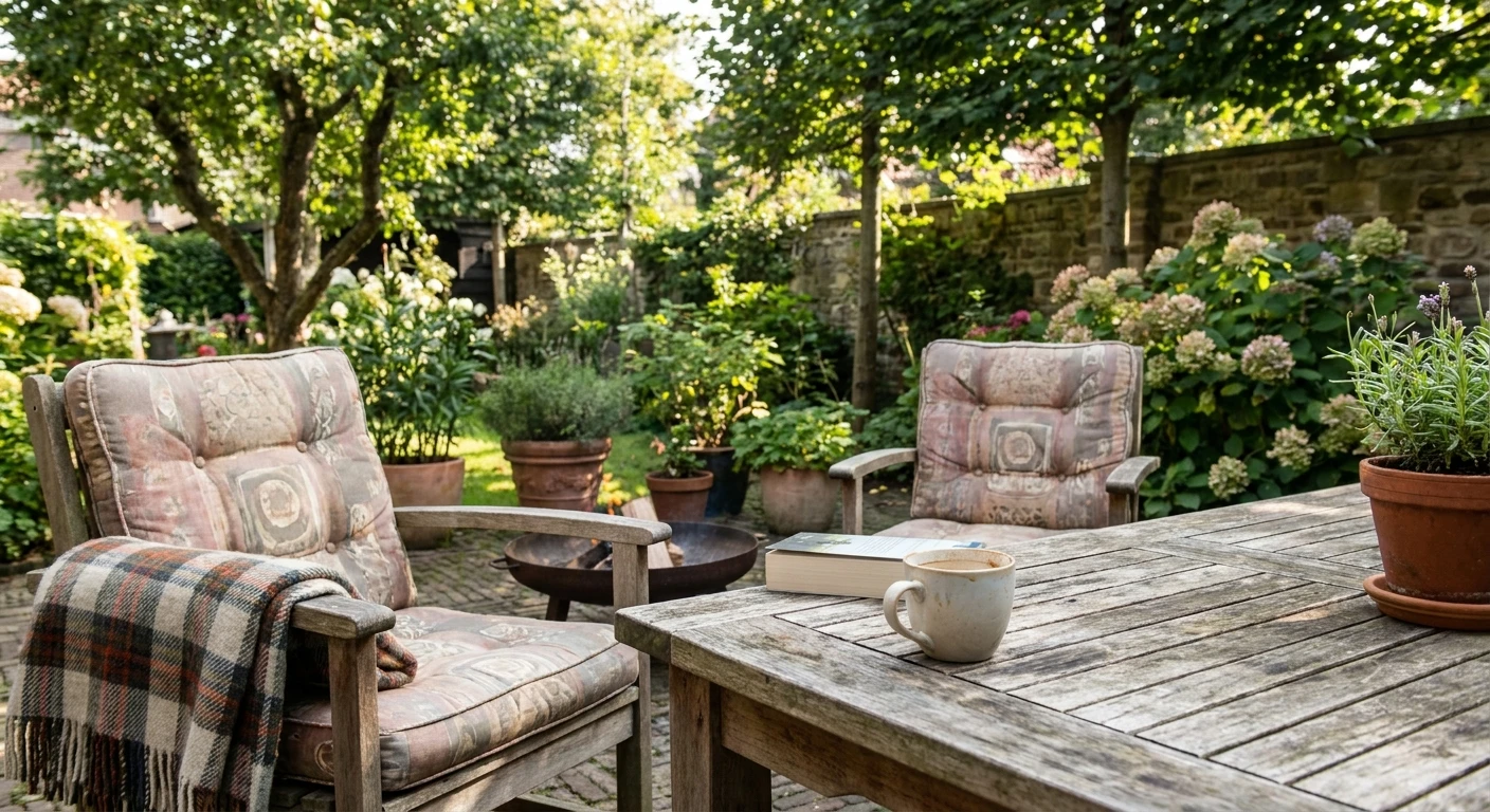 Gezellige tuin met houten tafel en stoelen