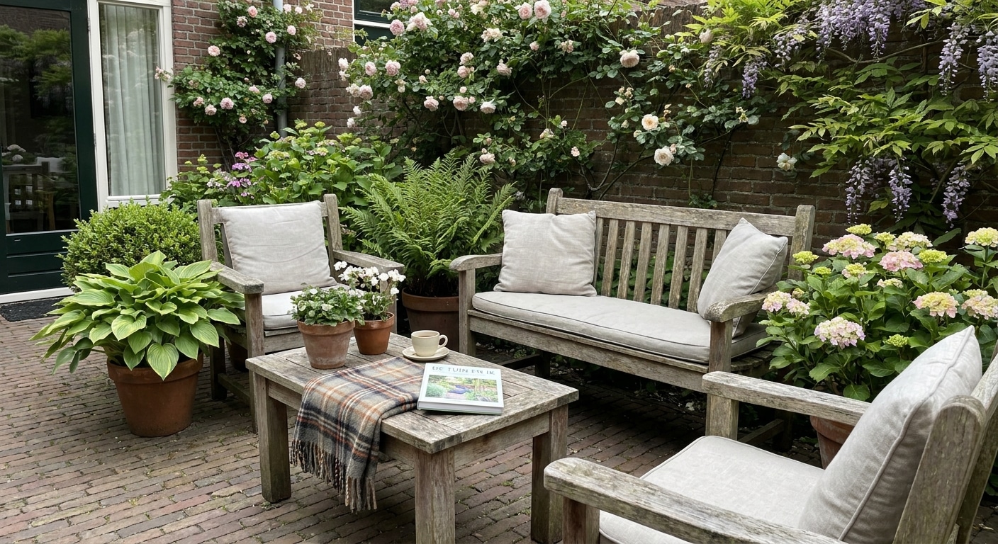 Gezellige tuin met houten tuinmeubelen en bloemen