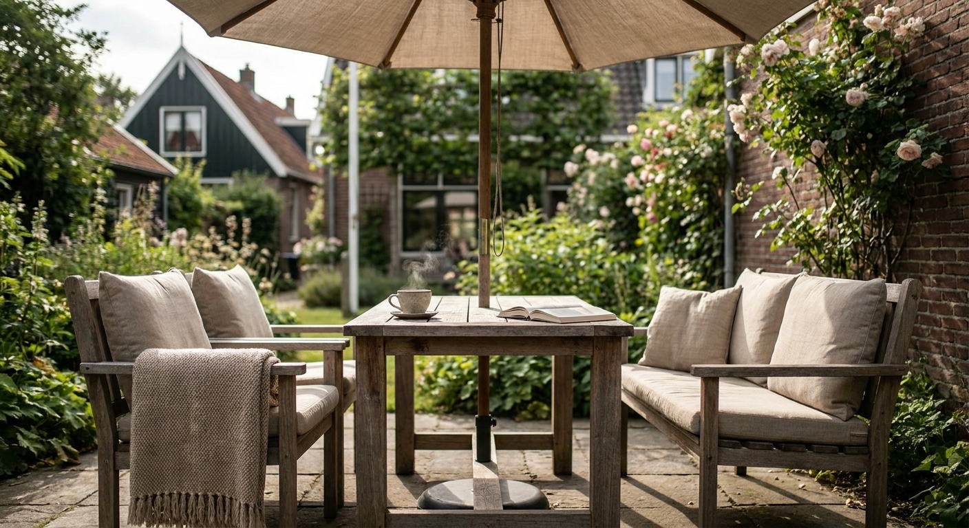 Gezellige tuinset met tafel onder parasol